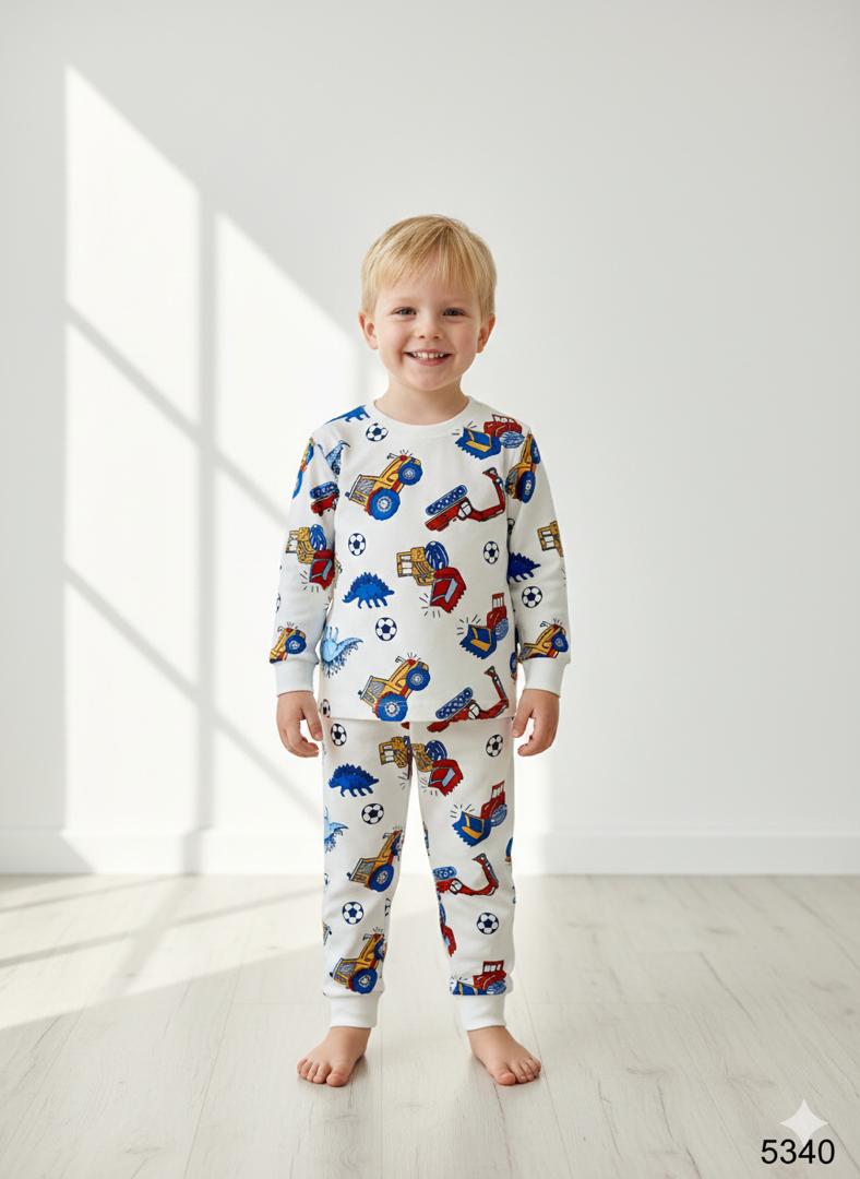 Noha - A long-sleeved pajama set, colored and printed with a dinosaurs and trucks design
